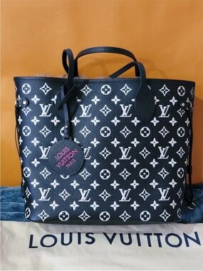 Louis Vuitton Black Tote with White Monogram Print and Pink Tag